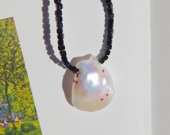 20 inches Black Spinel Freshwater Pendant Necklace | Cube Faceted | Solid 18kt Yellow Gold | Ruby Encrusted Stone | Baroque Pearl