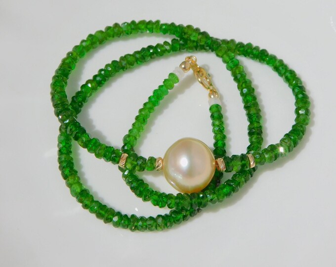 Green Chrome Diopside with Golden South Pearl Necklace | 16 Inches | Solid Yellow Gold | 3-4mm | Gemstone and Pearls | Green Gemstone