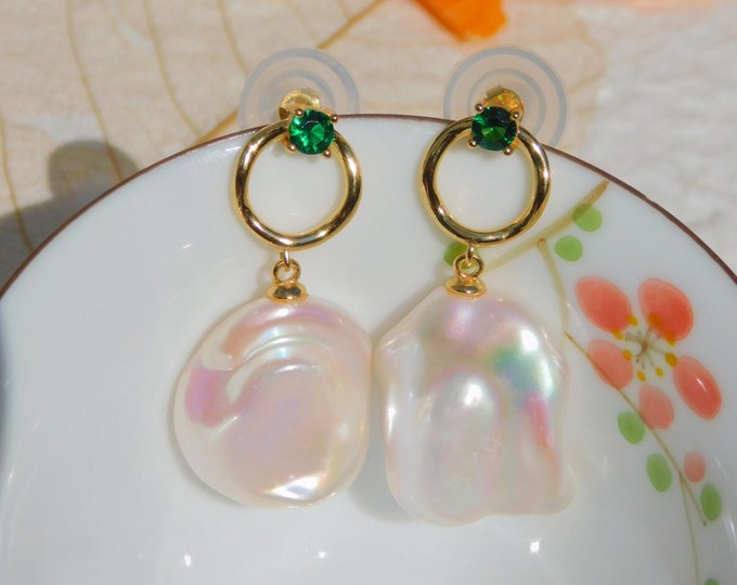 Vermeil Large Baroque Pearl Earrings | AAA+ | Gold plated Earrings | Unmatched Earrings | White | Freshwater Pearls | Green CZ