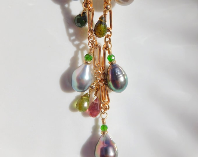 Natural Colorful Gemstone and Tahitian Pearl Chain Necklace | Tourmaline | AAA+ | Gold filled | Green Chrome Diopside | Adjustable Length