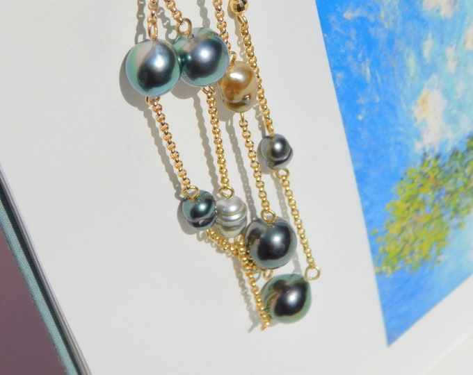 Tahitian Pearl and Keshi Pearl Tin Cup Necklace | Solid 18kt Yellow Gold Rolo Chain | 5-8.7mm | AAA | Satellite Necklace | 16.5 inches