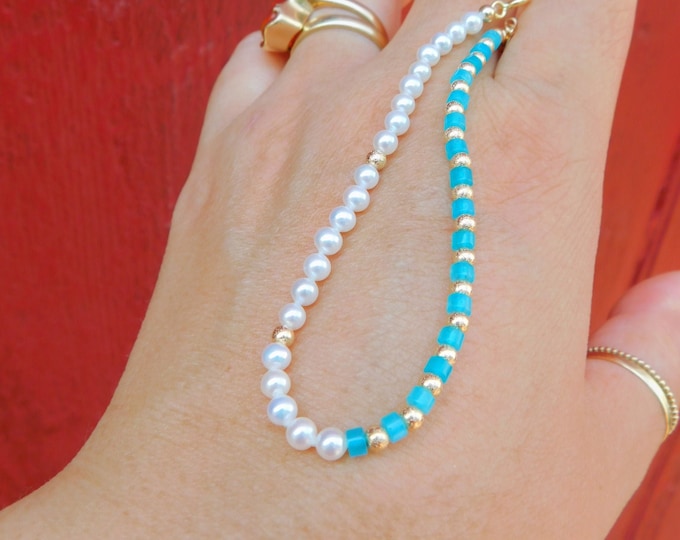 Baby Freshwater Pearl and Tianhe Stone Bracelet | 3.5-4mm | Tiny Pearl | Gold Filled | Dainty Jewelry | Adjustable | Wrist Size 6.75-7.5''