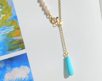 Tiny Akoya Pearls Turquoise Y & Lariat Necklace | Sleeping Beauty | 3.5mm Japanese Saltwater | Adjustable | Solid 18kt Gold | Dainty | 19''