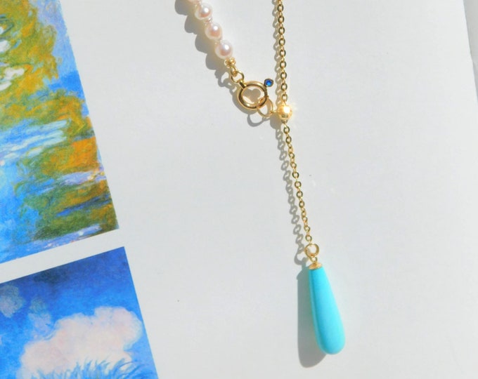 Tiny Akoya Pearls Turquoise Y & Lariat Necklace | Sleeping Beauty | 3.5mm Japanese Saltwater | Adjustable | Solid 18kt Gold | Dainty | 19''