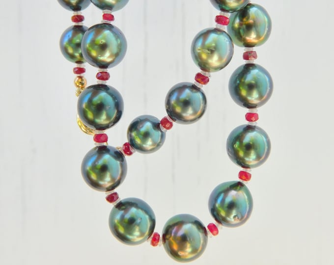 Tahitian Pearl and Faceted Ruby Necklace | 8.5-10.3mm | AAA | Gem Blue Green |  17 Inches | South Sea Pearl Necklace | Peacock Green