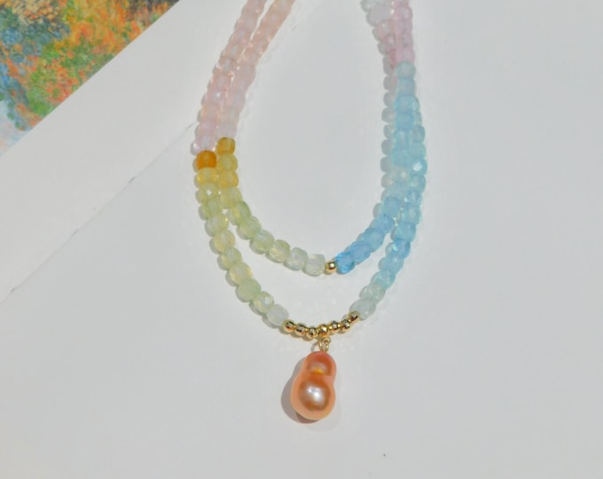 Two Strand Aquamarine Morganite Freshwater Pearl Pendant Necklace | 15.75 Inches | Solid 18kt Yellow Gold | AAA | Gemstone and Pearl