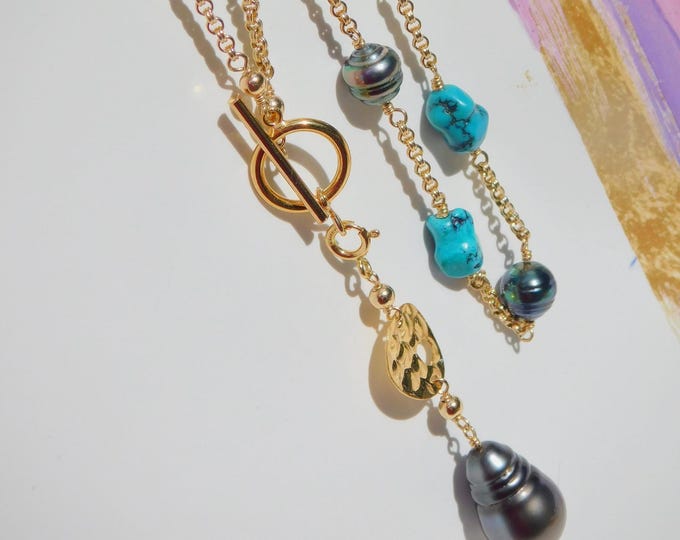 Tahitian Pearl Y Necklace: 14K Gold Filled Rolo Chain, Natural Turquoise