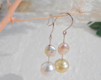Mismatched South Sea Pearl Earrings | Solid 18kt White Gold | AAA | Saltwater Pearls | 11.3mm | Golden vs. White | Au750 | Keshi Pearls