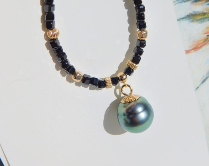 Black Spinel Tahitian Pearl Pendant Necklace | AAA | 10.6mm | Gold Filled | Gem Green  |  Gemstone and Pearl | Adjustable 16-17''