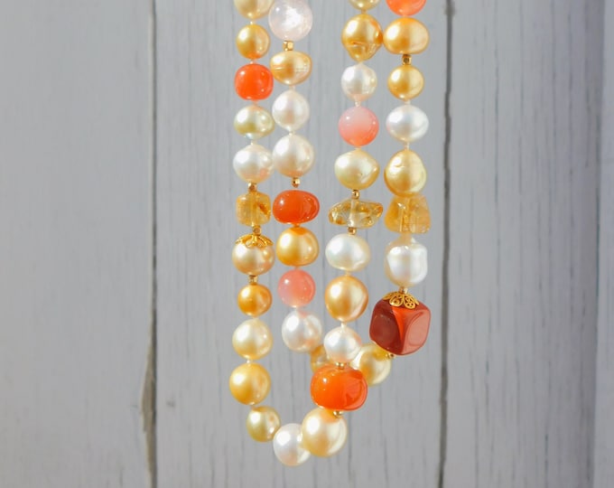 44.5 Inches South Sea Pearl and Red Agate Necklace | 9-12.8mm | AAA | Solid 18kt/14kt Gold | Gemstones and Pearls | Long Necklace