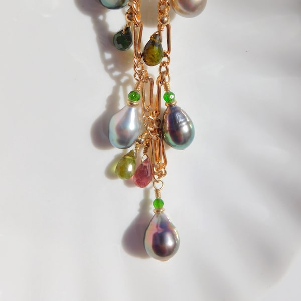 Natural Colorful Gemstone and Tahitian Pearl Chain Necklace | Tourmaline | AAA+ | Gold filled | Green Chrome Diopside | Adjustable Length