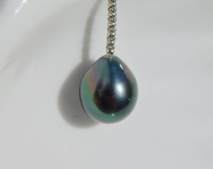 10.4mm Tahitian Pearl Lariat & Y Necklace | Peacock | Adjustable Sterling Silver Popcorn Chain |  Saltwater Pearl | Silver Y Necklace