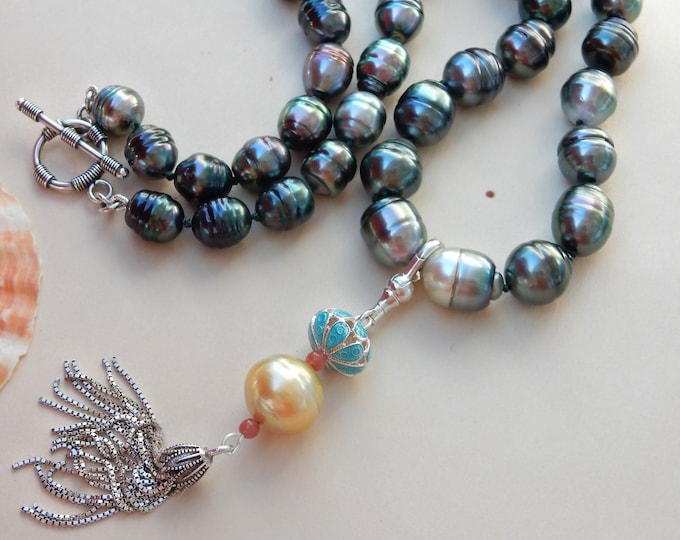 22 inches Tahitian Pearl Necklace with Golden South Sea Pearl Tassel Pendant | Circled Pearl | 9-11mm | Multi-Color | Ready to Ship