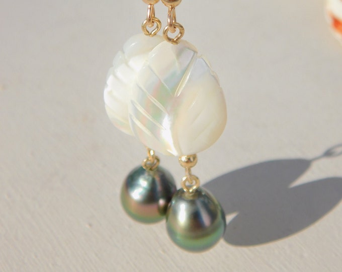 Mother of Pearl and Tahitian Pearl Earrings | Peacock Green | AAA | Gold Filled | 10.2mm | Long Earrings