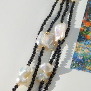 Multi-strand Black Spinel and Baroque Pearl Necklace | Two Layers |  Slivery White Freshwater Pearls | AAA | Gemstone and Pearl |  26 Inches
