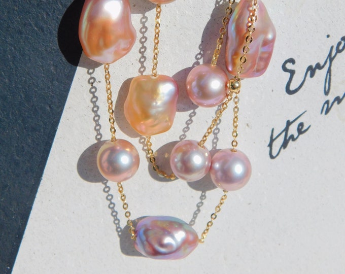 Metallic Freshwater Pearl Tin Cup Necklace | Kehsi Pearls | Round | Mauve | Solid 18kt Yellow Gold Chain | Pearl Nugget | Adjustable