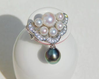 Seven Pearl Silver Brooch | Peacock Tahitian Pearl | Freshwater Pearls | Pearl Pin | White Gold over Silver | AAA+ | White | Pearl Brooch