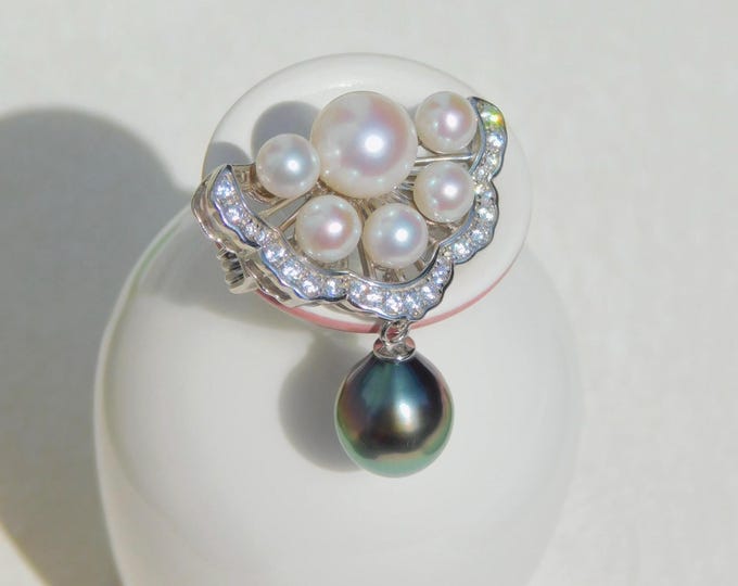 Seven Pearl Silver Brooch | Peacock Tahitian Pearl | Freshwater Pearls | Pearl Pin | White Gold over Silver | AAA+ | White | Pearl Brooch