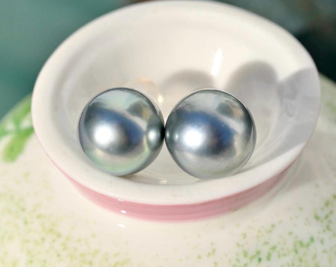 Gray Blue Tahitian Pearl Studs: Solid 18K Gold, 9.8mm, AAA, Black Pearls