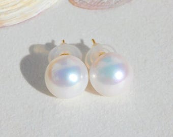 14mm Round Freshwater Pearl Studs: Solid 18K Gold, Large White Pearl Studs, AAA