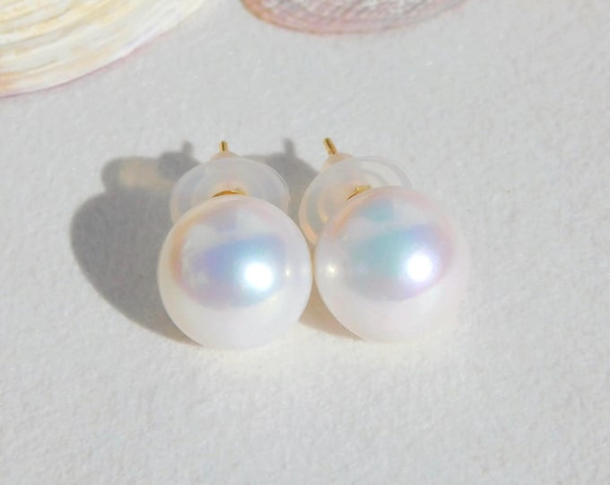 14mm Round Freshwater Pearl Studs: Solid 18K Gold, Large White Pearl Studs, AAA