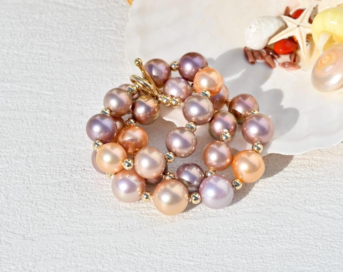 Colorful Freshwater Pearl Necklace: Gold Filled Toggle Clasp, Super Metallic, 17-inch