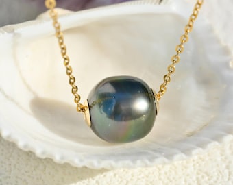 Floating Tahitian Pearl Necklace: Oval, Solid 18K Gold Dainty Chain, AAA, 10.5mm, Deep Green Black
