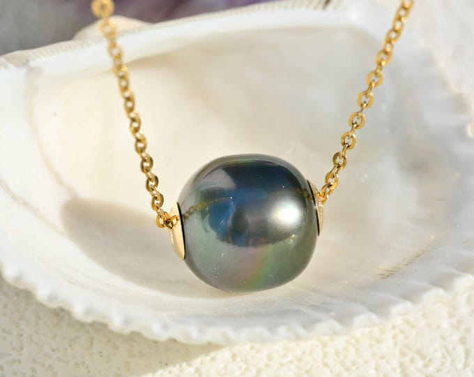 Floating Tahitian Pearl Necklace: Oval, Solid 18K Gold Dainty Chain, AAA, 10.5mm, Deep Green Black