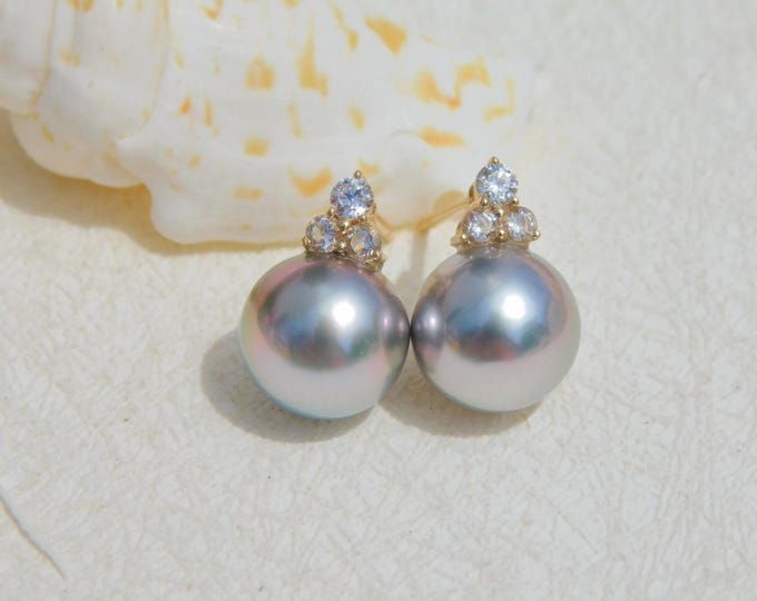 AAA Silver Gray Tahitian Pearl Earrings | 9mm | Solid 14kt Gold with CZ | Saltwater Pearl | Tahitian | South Sea Pearls | Blue Pearls
