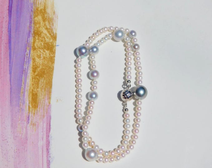 Akoya, Freshwater, Tahitian Pearl Necklace: Pastel Blue, White, Gray, Sterling Silver Clasp, 17 Inch, AAA