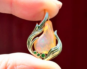 4.3CT Mexican Opal Pendant : Solid 9K Gold, Natural Tsavorite Accents, Fire Pendant