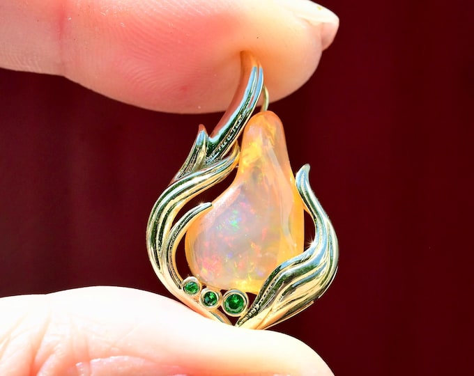 4.3CT Mexican Opal Pendant : Solid 9K Gold, Natural Tsavorite Accents, Fire Pendant