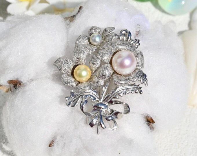 Sterling Silver Flower Bouquet Brooch: Akoya Pearls, White, Blue, Cream, AAA+