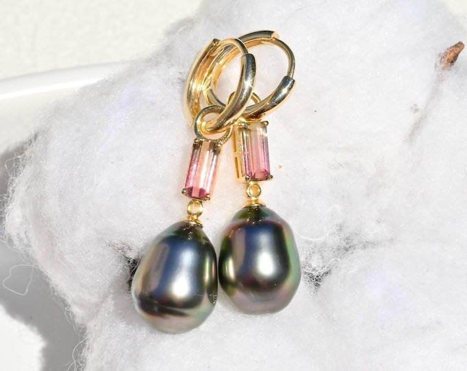 Watermelon Tourmaline Tahitian Pearl Earring Jackets: Solid 9K Gold, Convertible Pearl Drops, Optional Gold Hoops