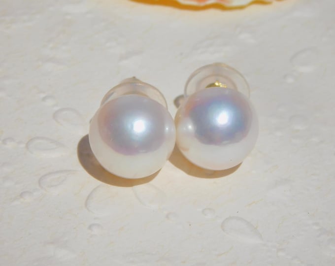 11.2mm White Freshwater Mabe Pearl Studs | Large Pearl Studs | Blister Pearl | Solid 18K Gold | AAA+ | Half Pearls | White with Pink