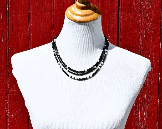 Triple Strand Black Spinel & Freshwater Pearl Necklace: Sterling Silver, Adjustable 17.5'' - 19.5'', Layered Gemstone Necklace
