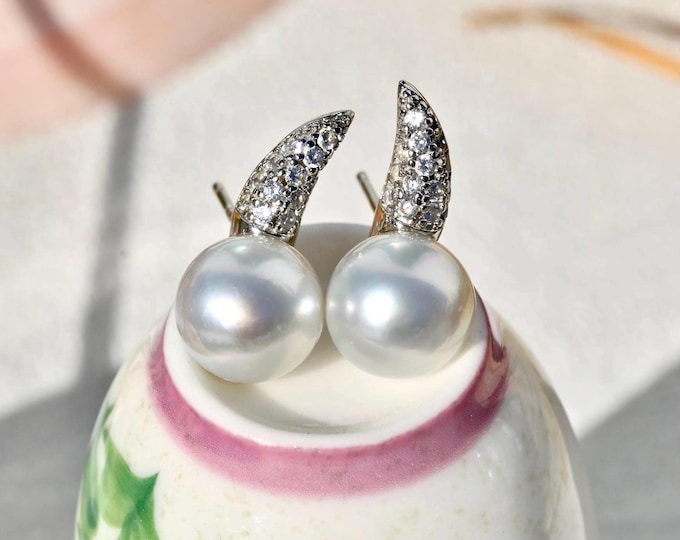 Akoya Pearl Little Horn Earrings: Sterling Silver, Pastel Blue, AAA, 9.1mm