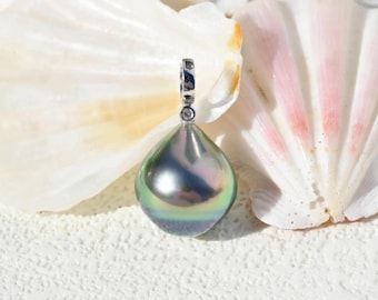 11.8mm Tahitian Pearl Pendant: Solid 18K White Gold, Light tone Peacock, Black Pearl Pendant, AAA