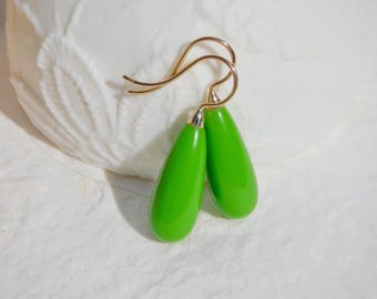 Bright Apple Green Turquoise Earrings | Teardrop | Solid 14kt Yellow Gold |  9mm * 22mm | Green Gemstone | Au585 | Drop Earrings | Hubei