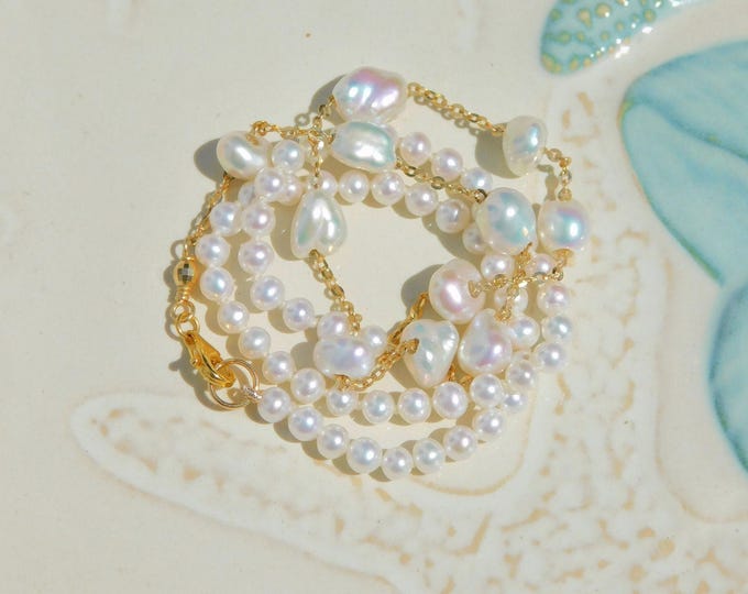 Metallic Keshi Pearl Half and Half Necklace | White | Free-formed Pearl | Solid 18kt Yellow Gold Chain | Pearl Nugget Necklace | Tin Cup