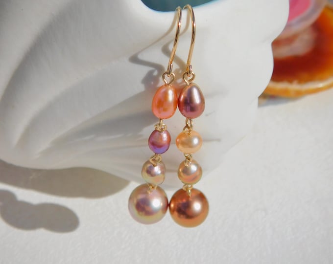 Mismatched Long Freshwater Pearl Earrings | Solid 18kt Yellow Gold | AAA+ | Metallic | Pink | Mauve | Golden Blush | Long Drop Earrings