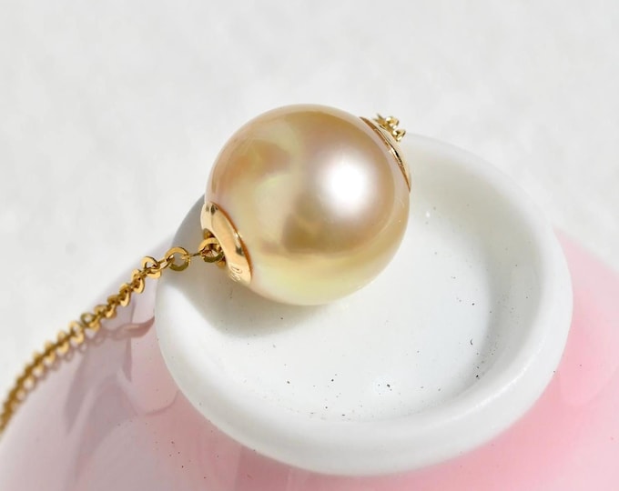 9.9mm Golden South Sea Pearl Floating Pearl Necklace: Solid 18K Gold Pin-end Chain, AAA