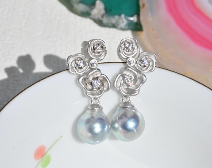 Pastel Blue Akoya Pearl Earrings: Sterling Silver, Three Roses, Baroque, Floral
