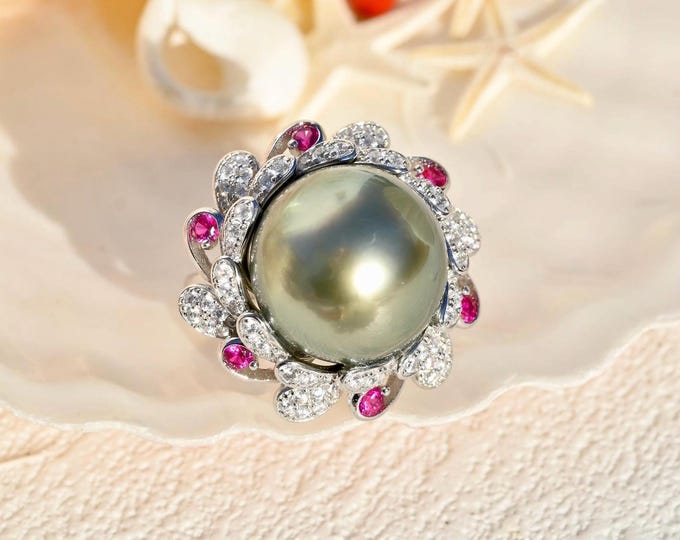 15.6mm Tahitian Pearl Sterling Silver Ring: White Gold Plated, AAA, Pistachio, Hot Pink CZ, 6 1/4 US Size