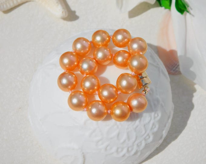 Bright Coral Golden Freshwater Pearl Bracelet | Round | 9.1mm-9.4mm | 6.5 -6.75 inches Wrist Size | Solid 14K Gold Magnetic Clasp | AAA