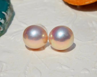 Pale Pink Freshwater Mabe Pearl Studs | Pastel Pink Pistachio | Blister Pearl | Solid 18K Gold | AAA+ | 12.7mm | Large Pearl Studs |
