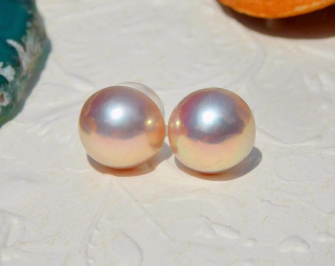 Pale Pink Freshwater Mabe Pearl Studs | Pastel Pink Pistachio | Blister Pearl | Solid 18K Gold | AAA+ | 12.7mm | Large Pearl Studs |