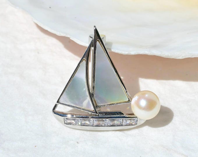 Creamy Akoya Pearl sailboat Brooch: Mother of Pearl Inlay, Cooper Alloy, Ocean Inspired Pearl Jewelry