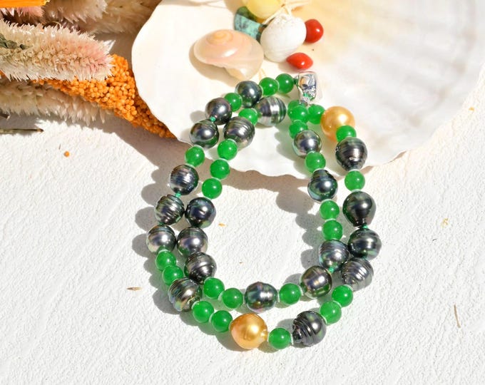 Guatemala Jadeite South Sea Pearl Necklace: Green, Circled Tahitian, Sterling Silver, 18-inch, Golden