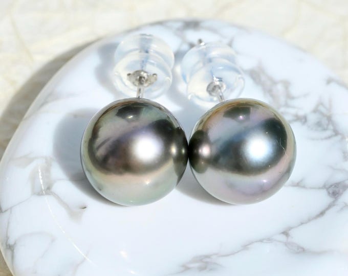 10.4mm Tahitian Pearl Stud Earrings: Solid 18K White Gold, Metallic Silver Gray Pearls, Luxury Pearl Jewelry